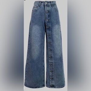 Denim Button-Front Wide Leg Jeans - Blue